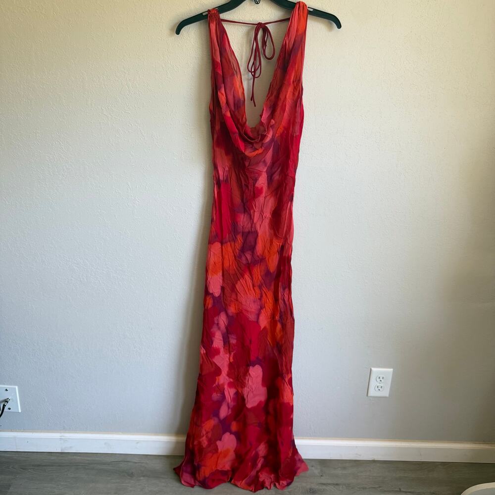 Bydee Andressa Floresta Red Floral Pint Sheer Maxi Draped Neck Dress Womens XXL